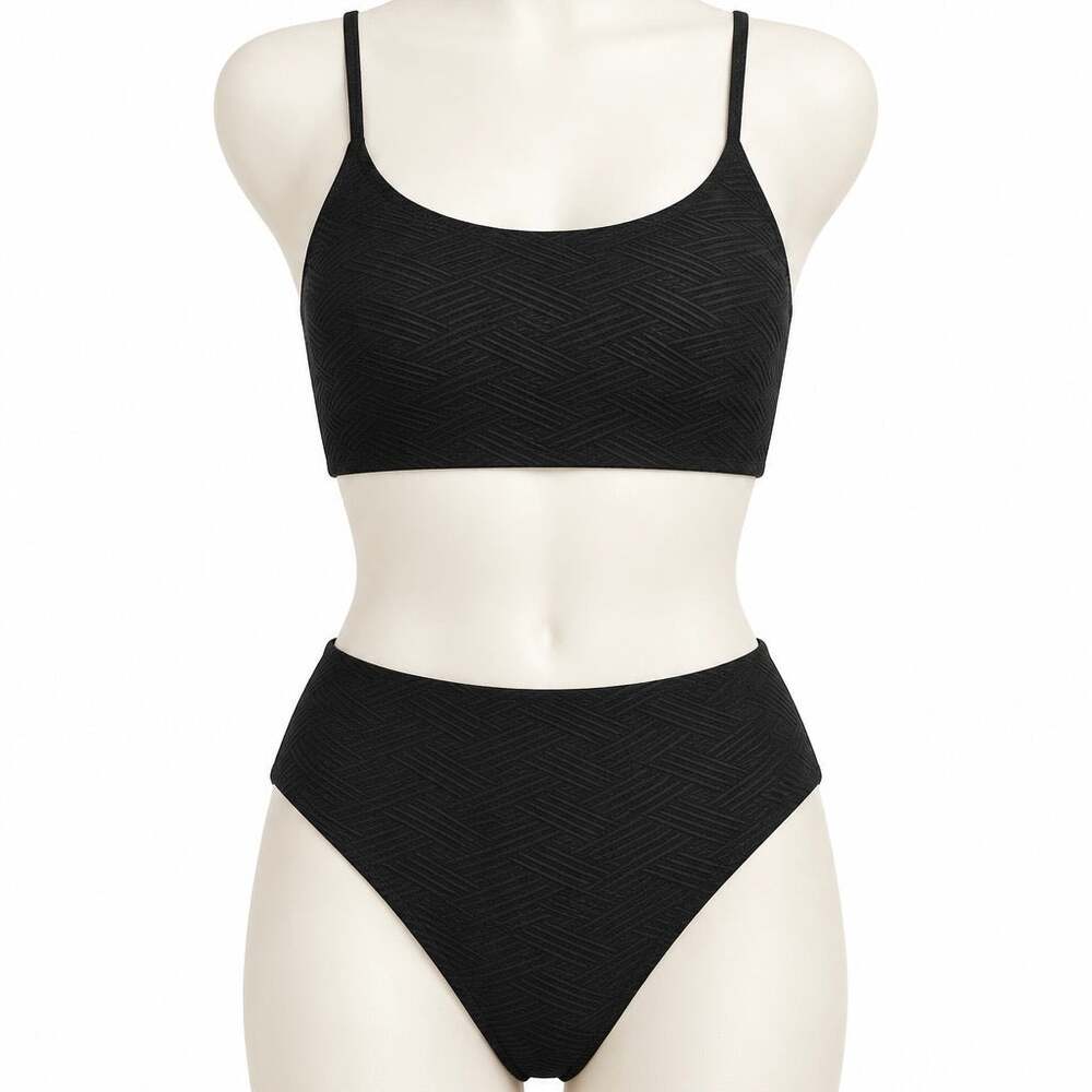 CUPSHE Women 2 Piece Swimsuit S Black Textured High Waisted Bikini NWT